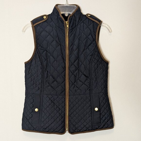 Talbots Jackets & Blazers - TALBOTS, Navy Quilted Outdoor Zipper Vest; Faux Suede Trim; Size 4P